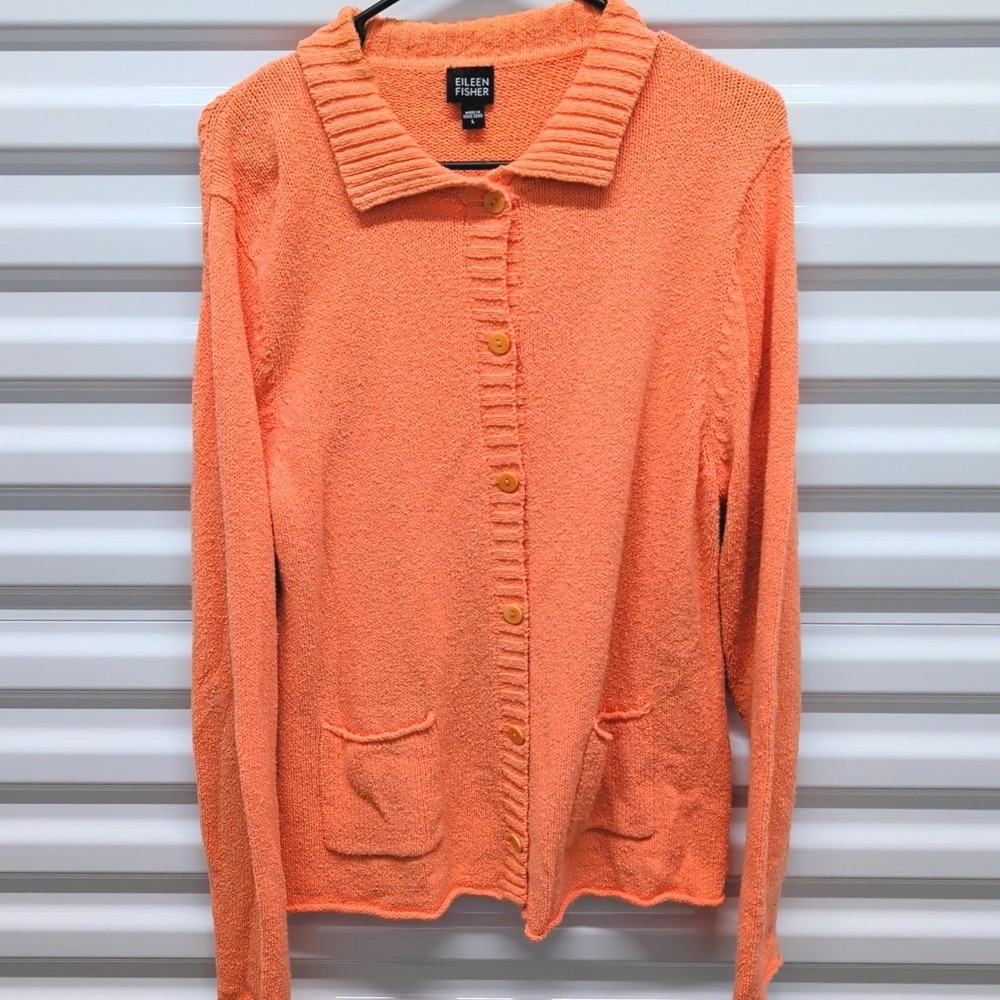 Eileen Fisher Minimalist Polo Collar Orange Cardigan Large Costal Boucle Knit